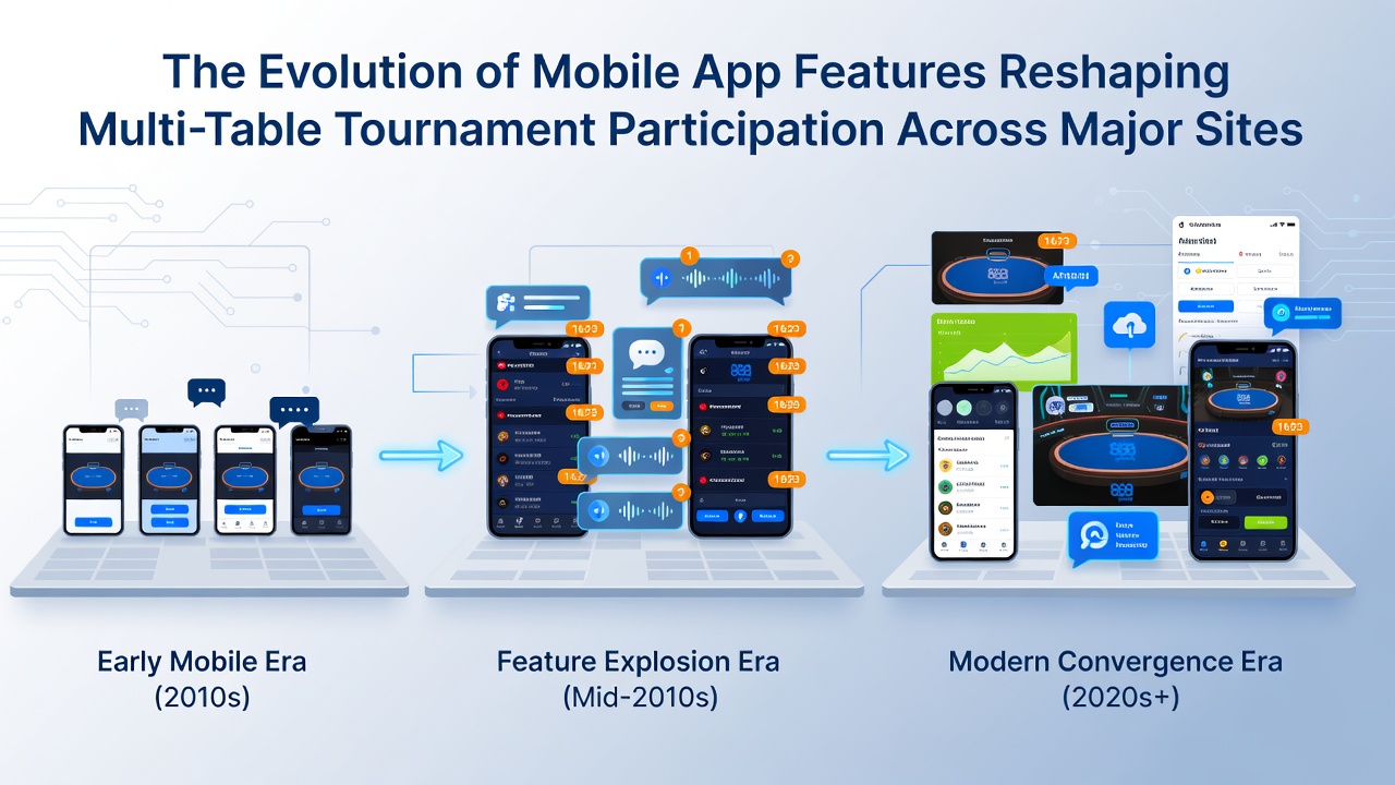Players engaging with multi-table poker tournaments via mobile apps in a modern setting